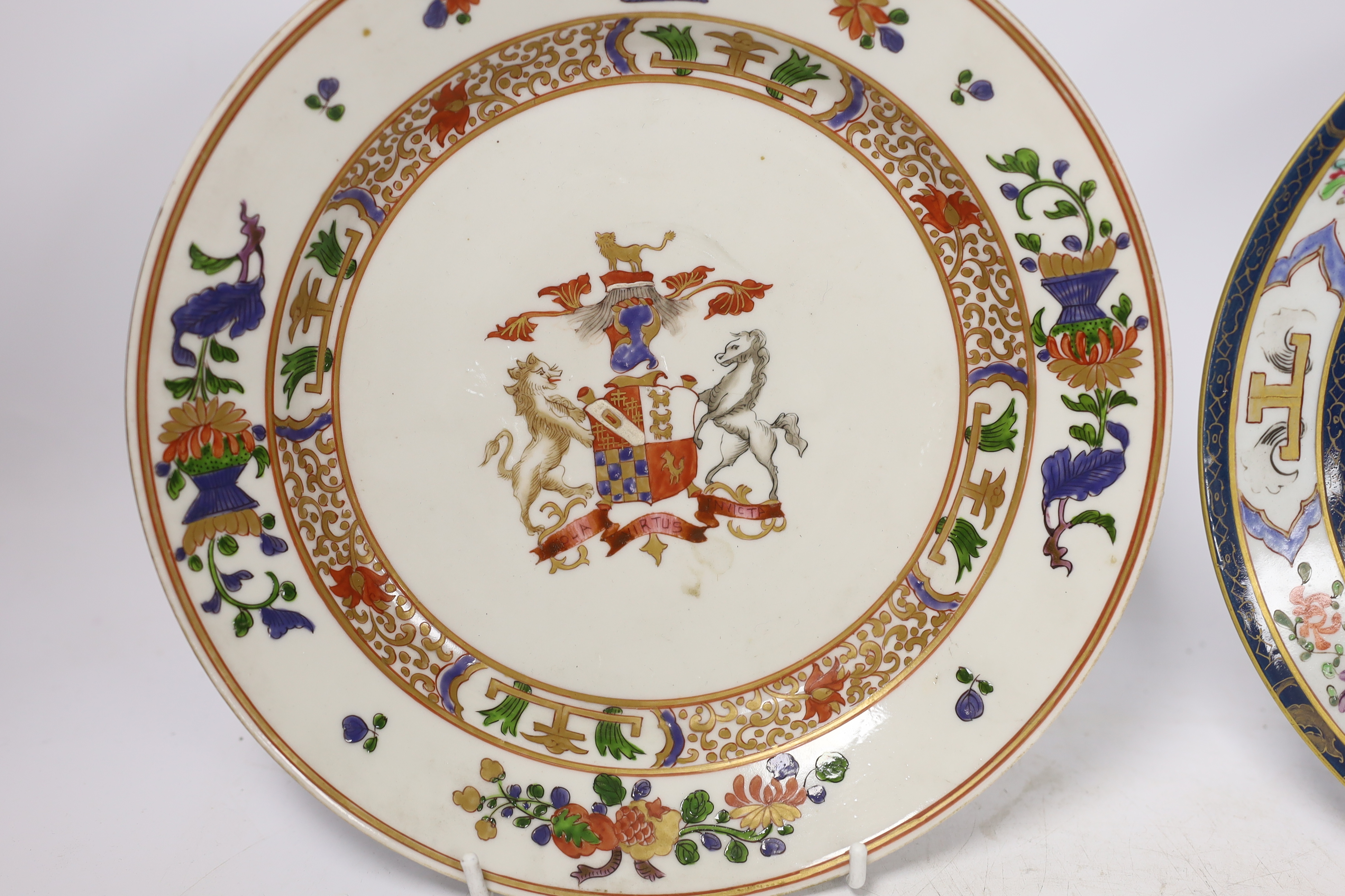 Two Samson of Paris famille rose style dishes, painted with European armorials, largest 24cm diameter (2). Condition - good, some wear to decoration